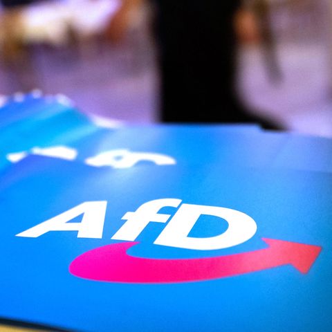 Fähnchen mit dem Logo der AfD liegen auf einem Tisch Fähnchen mit dem Logo der AfD liegen auf einem Tisch