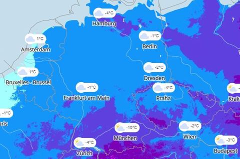 Es herrscht ungemütliches Wetter, teils ist es gefährlich glatt: Die Karte zeigt die gefühlte Temperatur in Deutschland. Eine aktuelle Version finden Sie im Artikel (Karte II) 