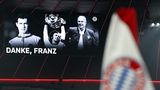 Der Klub ehrte Beckenbauer auf seiner Anzeigentafel als jungen Spieler (l.), als Weltmeister (M.) und als Bayern-Funktionär (r.)  