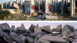 Zwei Panorama-Aufnahmen: Reste der Mauer am Teltowkanal in Berlin, 2010 (oben); Kriegstrümmer im Hafen von Gaza