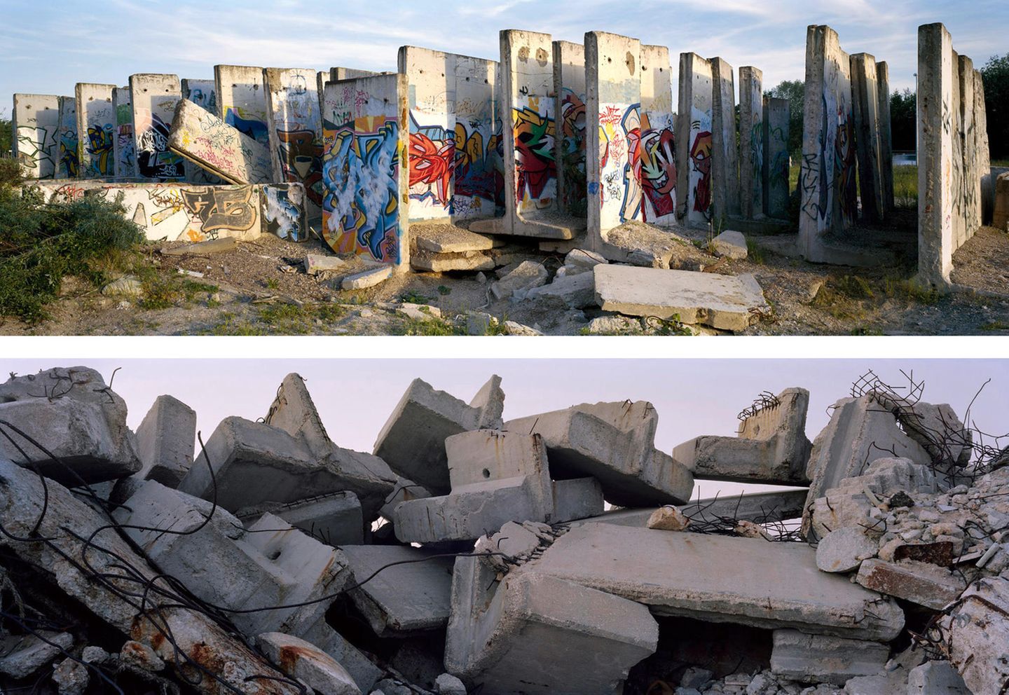 Zwei Panorama-Aufnahmen: Reste der Mauer am Teltowkanal in Berlin, 2010 (oben); Kriegstrümmer im Hafen von Gaza