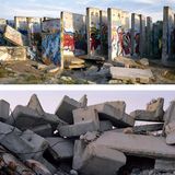 Zwei Panorama-Aufnahmen: Reste der Mauer am Teltowkanal in Berlin, 2010 (oben); Kriegstrümmer im Hafen von Gaza