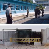 Zwei Panorama-Aufnahmen: Grenzanlage in Panmunjon/Korea (oben), Sperrmauer im Westjordanland (unten)