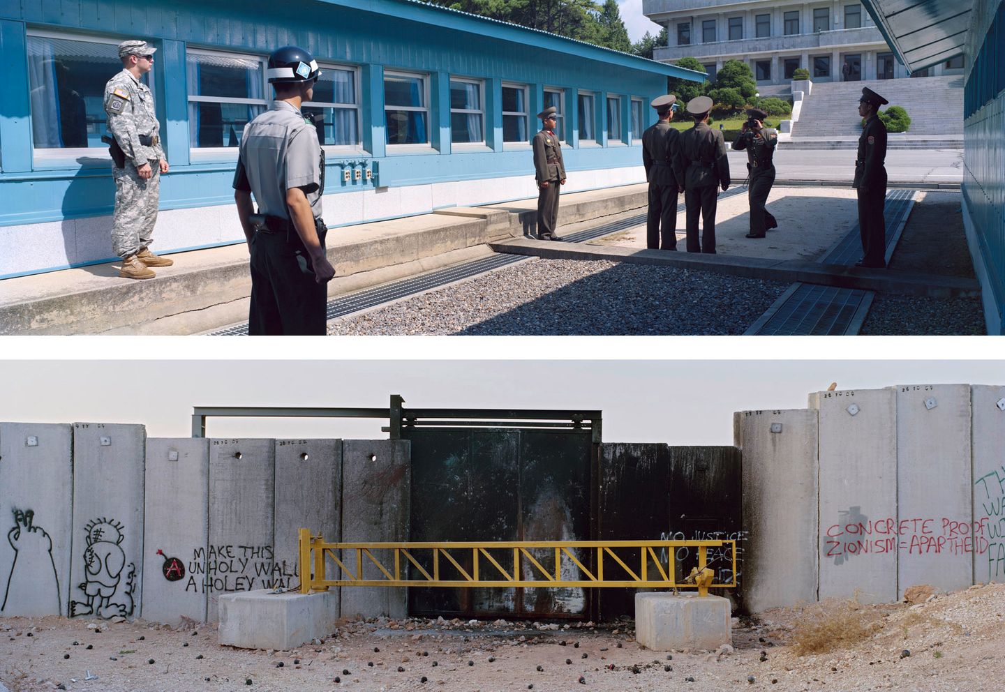 Zwei Panorama-Aufnahmen: Grenzanlage in Panmunjon/Korea (oben), Sperrmauer im Westjordanland (unten)