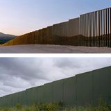 Zwei Panorama-Aufnahmen: Metallbarriere an der Grenze USA-Mexiko (oben), Mauer in Belfast (unten)