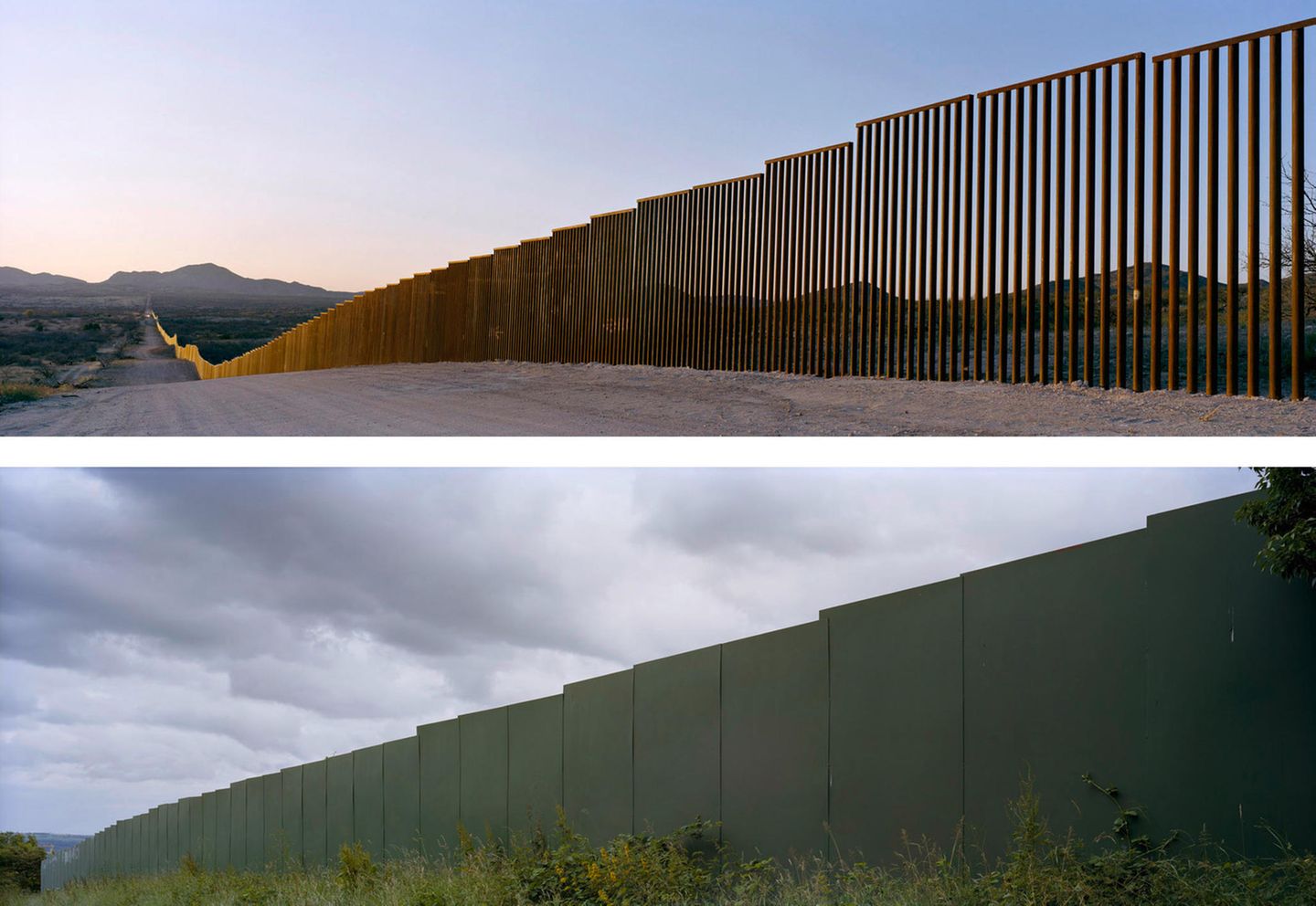 Zwei Panorama-Aufnahmen: Metallbarriere an der Grenze USA-Mexiko (oben), Mauer in Belfast (unten)