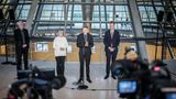 Die Fraktionsspitzen der Ampelregierung, Britta Haßelmann (Grüne), Rolf Mützenich (SPD) und Christian Dürr (FDP)