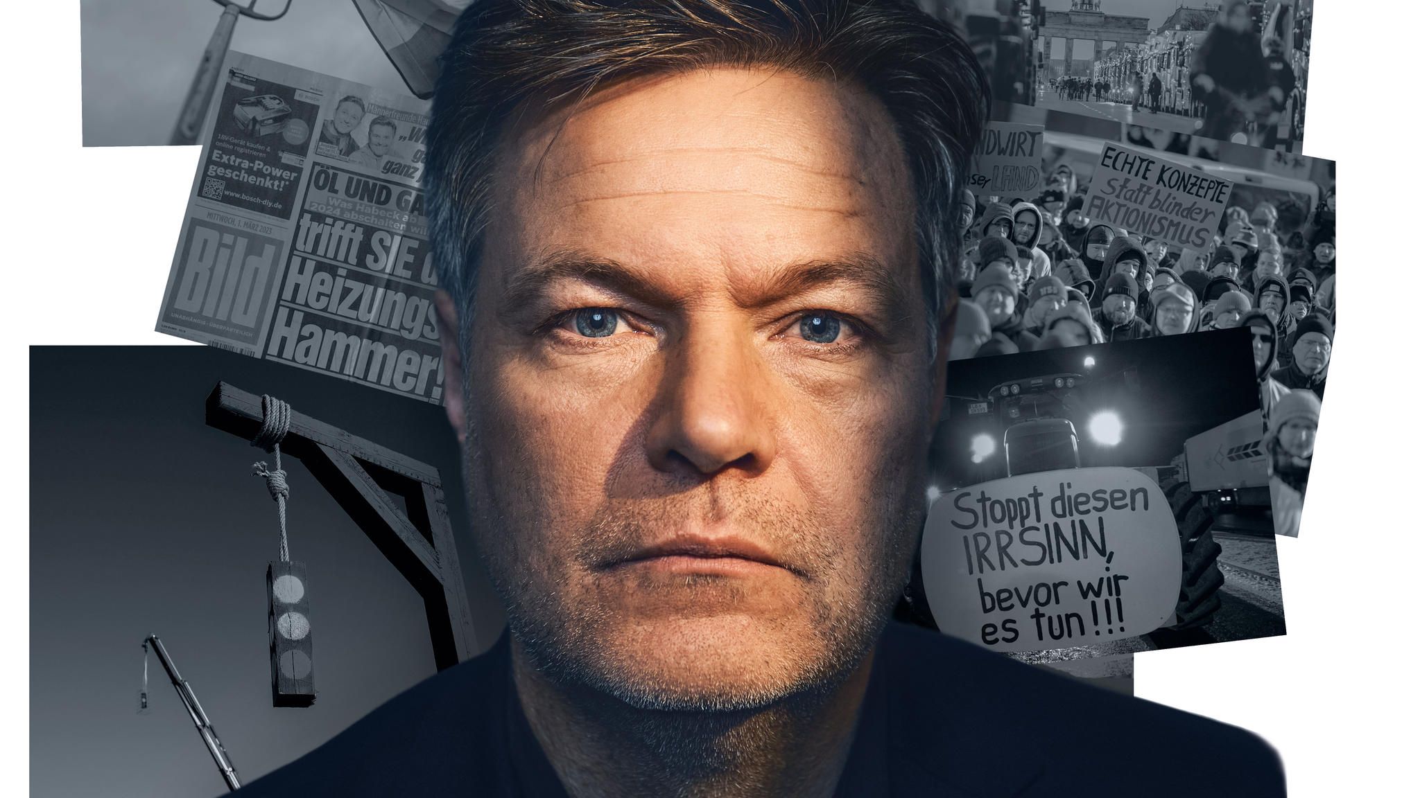 Collage zeigt: Portrait von Robert Habeck vor Bildern von Protesten