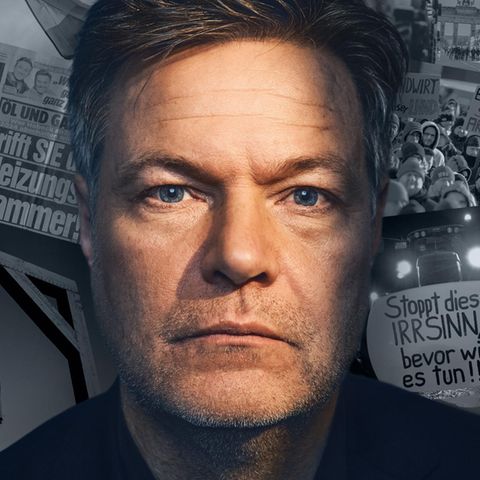 Collage shows: Portrait of Robert Habeck in front of pictures of protests