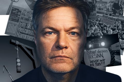 Collage zeigt: Portrait von Robert Habeck vor Bildern von Protesten