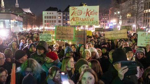 Menschenmasse mit Schildern bei einer Demonstration gegen die AfD