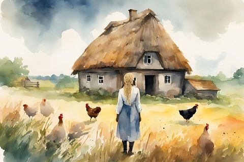 Eine Frau steht vor einem Bauernhaus