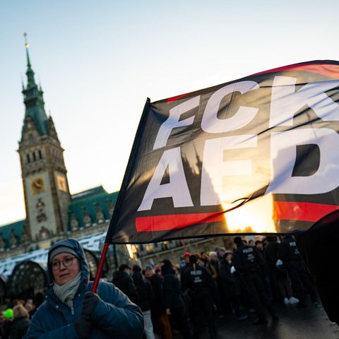 "FCK AFD" steht auf einer Fahne vor dem Hamburger Rathaus
