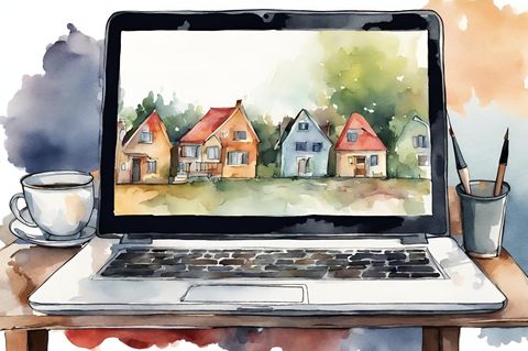 Auf einem Laptop sind Häuser zu sehen