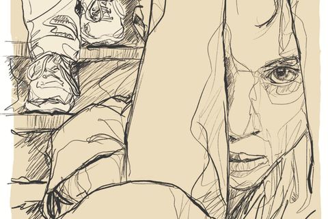 Illustration: ein verängstigtes Kind schaut den Betrachter an, im Hintergrund sind Füße eines Mannes zu sehen