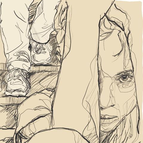 Illustration: ein verängstigtes Kind schaut den Betrachter an, im Hintergrund sind Füße eines Mannes zu sehen