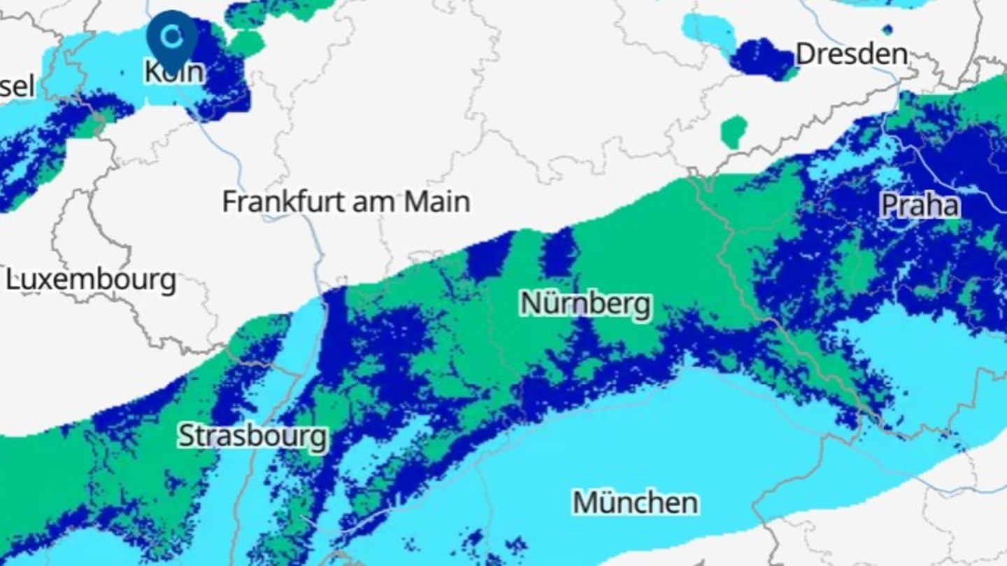 Eine Karte zeigt das Wetter mit Schnee und Blitzeis