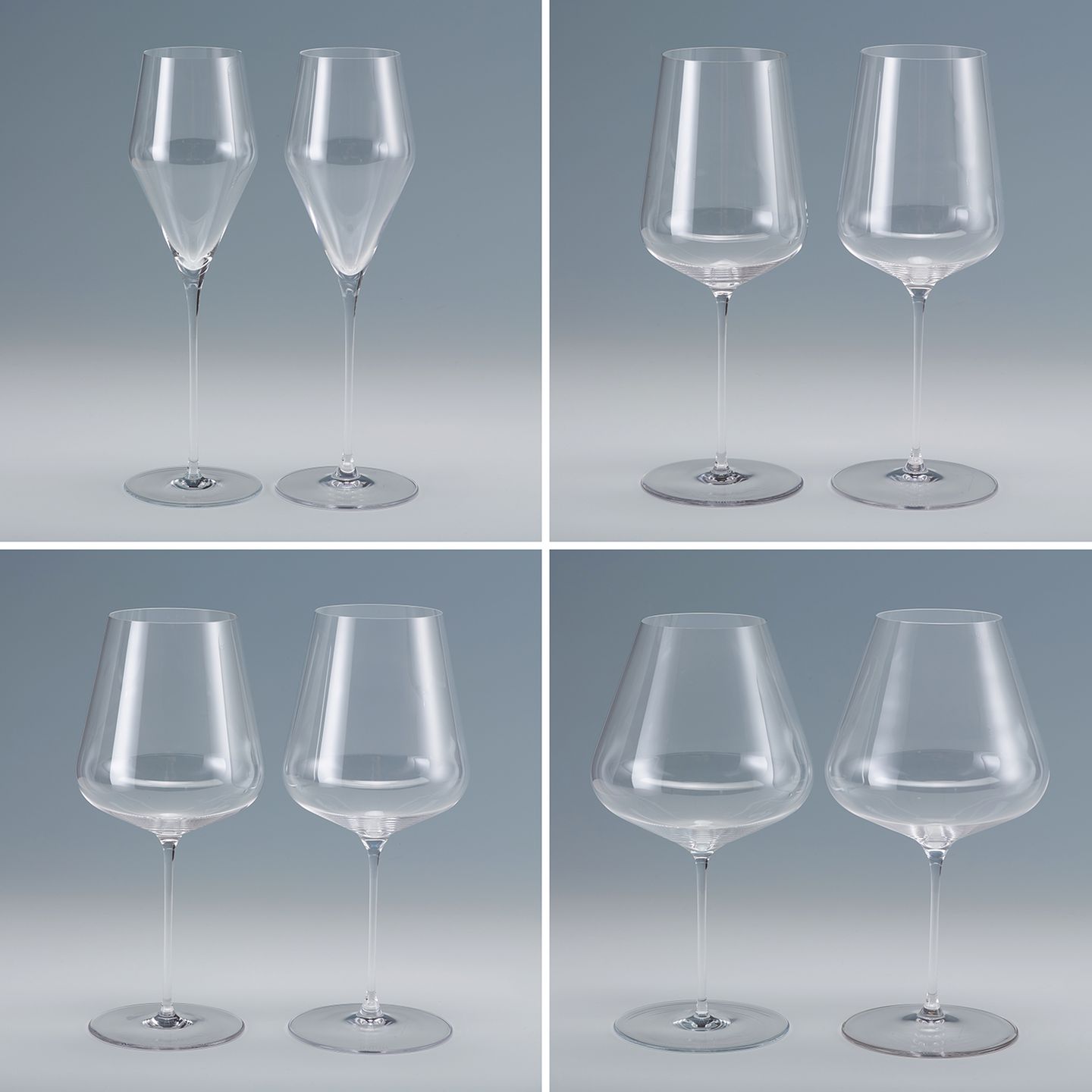 Identische Glasserien (1. Preis)  Das jeweils linke Champagner-, Universal- und Weinglas stammt von der österreichischen Firma Zalto, die ihre mundgeblasene Glasserie "Denk'Art" 2004 herausbrachte. Seit 2020 verkauft auch die Bayerische Glaswerke GmbH Gläser, die der erfolgreichen Zalto-Serie zum Verwechseln ähnlich sehen. Das sorgt für Zoff zwischen den beiden Glasherstellern: Aktuell läuft eine Klage wegen unlauteren Wettbewerbs, wobei keine der Seiten Designschutz angemeldet hat. Unabhängig vom Ausgang des Rechtsstreits befand die Plagiarius-Jury, "dass fairer Wettbewerb unter respektierten Mitbewerbern anders aussieht". In einer Stellungnahme bestritten die Bayern gesetzliches oder moralisches Fehverhalten und pochten auf "Nachahmungsfreiheit".