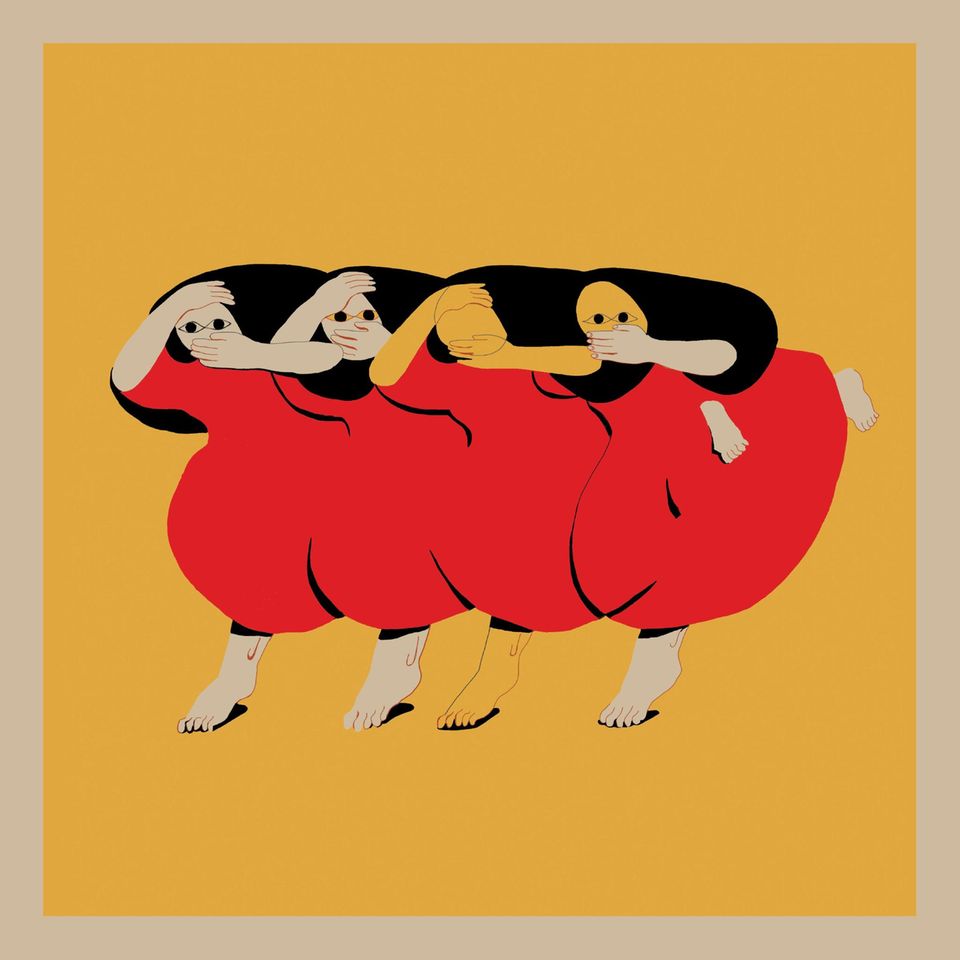 Album-Cover Future Islands: Eine Illustrationen zeigt vier Figuren, die sich die Hand vor den Mund halten Album-Cover Future Islands: Eine Illustrationen zeigt vier Figuren, die sich die Hand vor den Mund halten