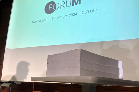 Gedruckte Ausgaben der Studie zu Missbrauch in der Evangelischen Kirche liegen auf einem Tisch.