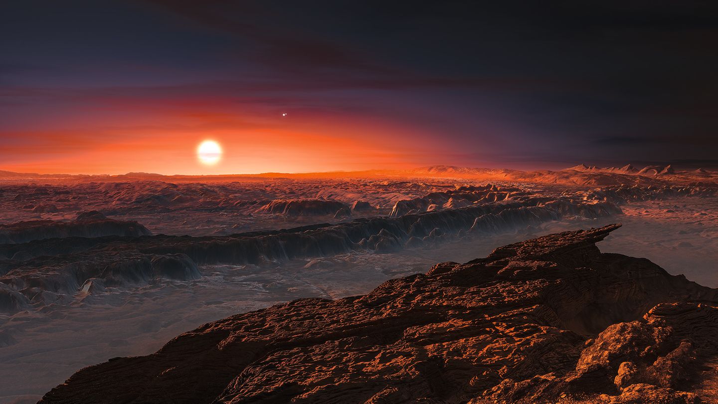Eine zweite Erde – in unserer kosmischen Nachbarschaft? Blick auf die Oberfläche des Planeten Proxima b, der den roten Zwergstern Proxima Centauri umkreist
