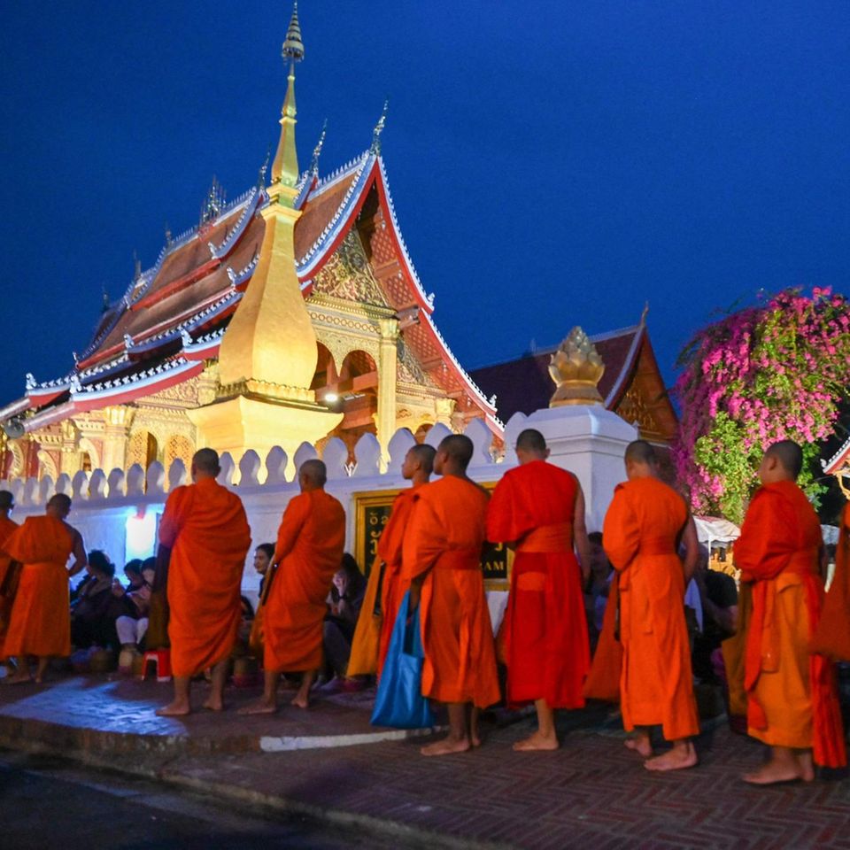 Luang Prabang, Laos. Buddhistische Mönche stellen sich im Morgengrauen vor einer Pagode auf, um Essen und Almosen von Gläubigen entgegenzunehmen.