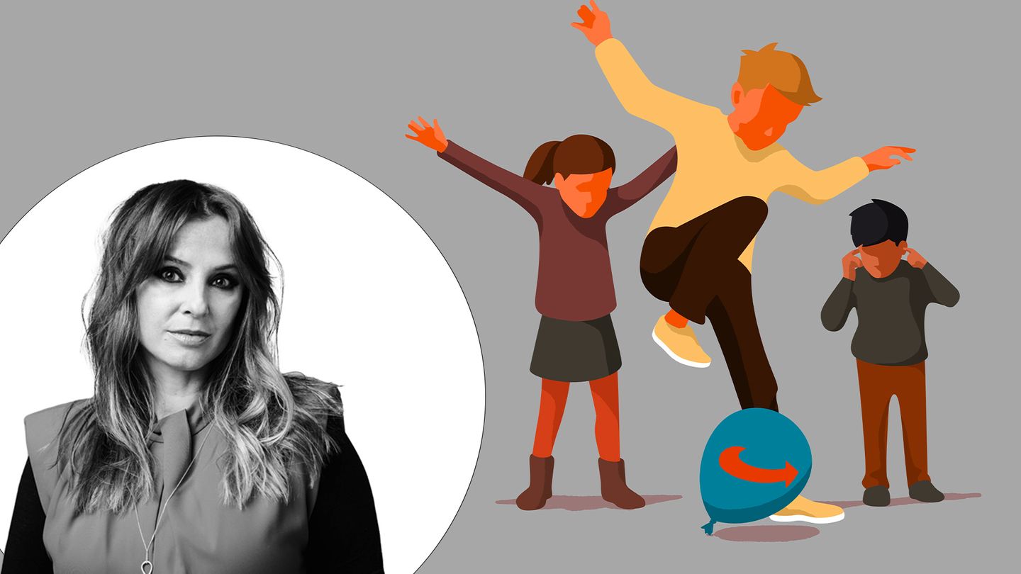 Eine Illustration auf der bunte Kinder mit einem Luftballon spielen, der Hintergrund ist grau.