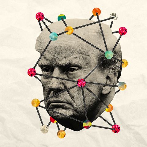 Collage zeigt SW Foto von Donald Trumps Kopf mit einem minimalistischen Molekularnetz