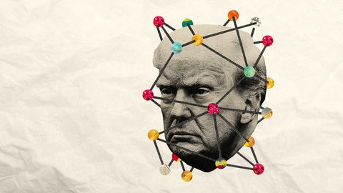Collage zeigt SW Foto von Donald Trumps Kopf mit einem minimalistischen Molekularnetz
