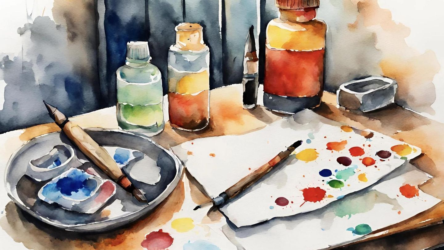 Pinsel und Farben liegen auf dem Tisch