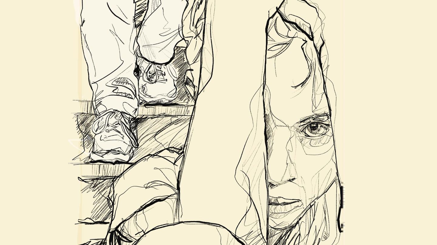 Illustration: ein verängstigtes Kind schaut den Betrachter an, im Hintergrund sind Füße eines Mannes zu sehen