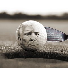 TC Boyle in einer Illustration mit Trumps Gesicht auf einem Golfball