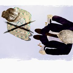 Illustration zeigt ein Pärchen in Vogelperspektive, Frau trägt Krone Mann zeigt seine leeren Taschen