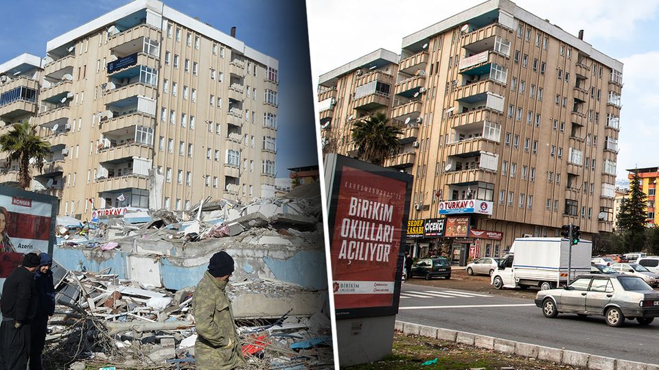 Kahramanmaraş damals – und heute.  Ein Großteil der Trümmer wurde entfernt, doch in der Stadt sind noch immer Spuren des Erdbebens zu sehen