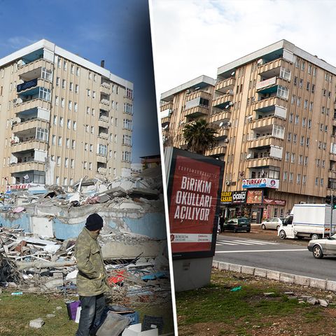 Kahramanmaraş damals – und heute. Viele Trümmer wurden beseitigt, doch noch immer sind die Spuren des Erdbebens in der Stadt zu sehen