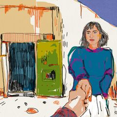 Illustration zeigt eine Frau vor einem Bunker die ihren Partner an der Hand in richtung Bunker führt