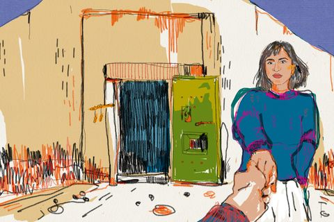 Illustration zeigt eine Frau vor einem Bunker die ihren Partner an der Hand in richtung Bunker führt