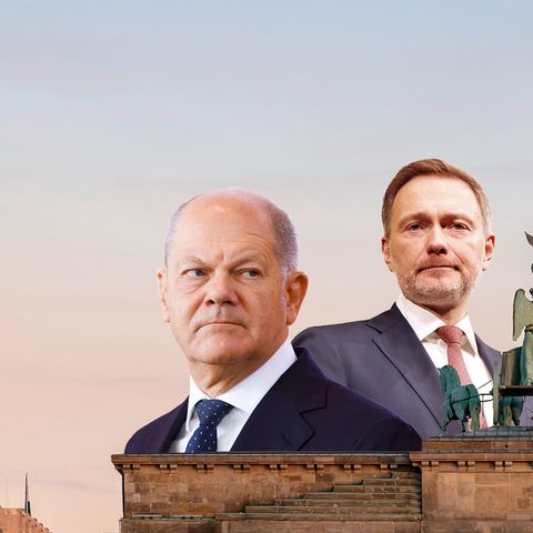 Collage zeigt Olaf Scholz Christian Lindner und Robert Habek im Portrait auf einem Bild einer Berliner Stadtszene