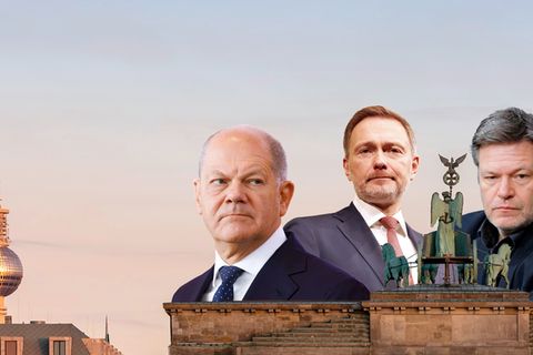 Collage zeigt Olaf Scholz Christian Lindner und Robert Habek im Portrait auf einem Bild einer Berliner Stadtszene
