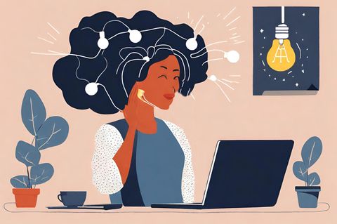 Illustration zeigt eine Person am Schreib an einem Laptop, neben ihr leuchtet eine Glühbirne.