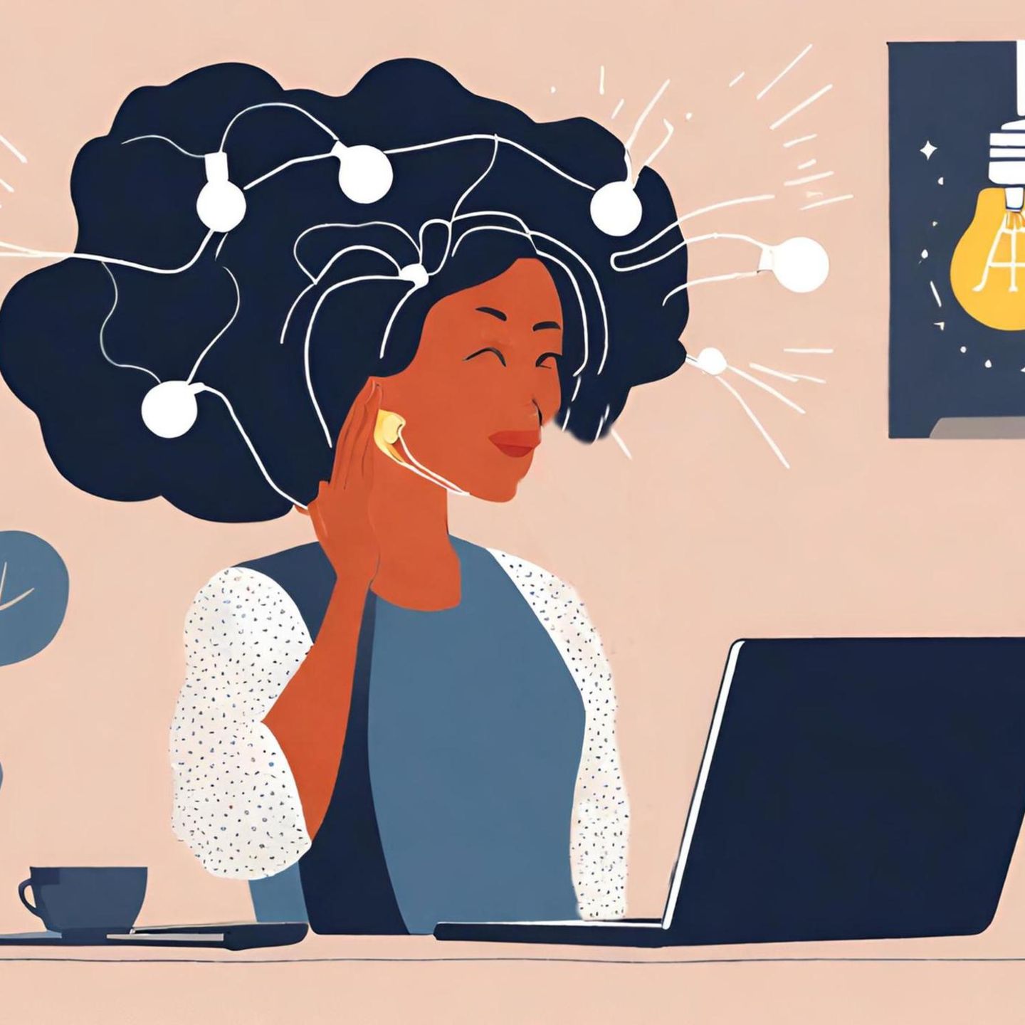 Illustration zeigt eine Person am Schreib an einem Laptop, neben ihr leuchtet eine Glühbirne.