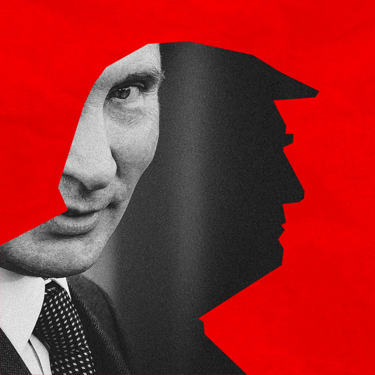 Collage zeigt einen Schattenriss von Donald Trump und dahinter ein SW Portrait von Putin