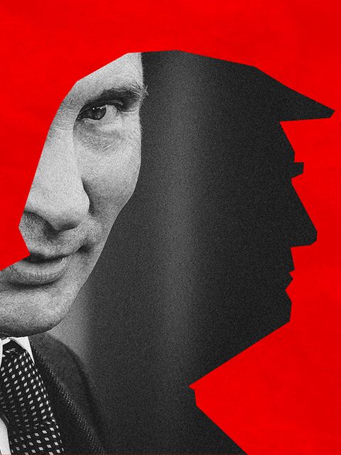 Collage zeigt einen Schattenriss von Donald Trump und dahinter ein SW Portrait von Putin