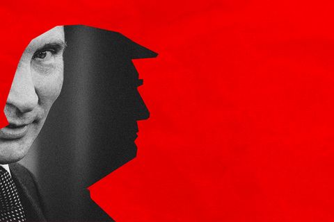 Collage zeigt einen Schattenriss von Donald Trump und dahinter ein SW Portrait von Putin