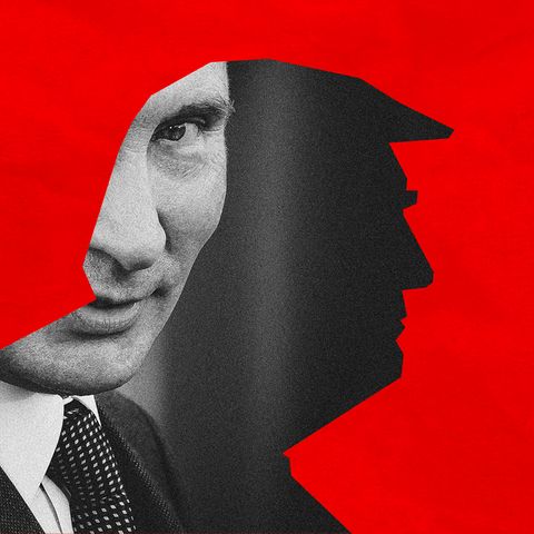 Collage zeigt einen Schattenriss von Donald Trump und dahinter ein SW Portrait von Putin