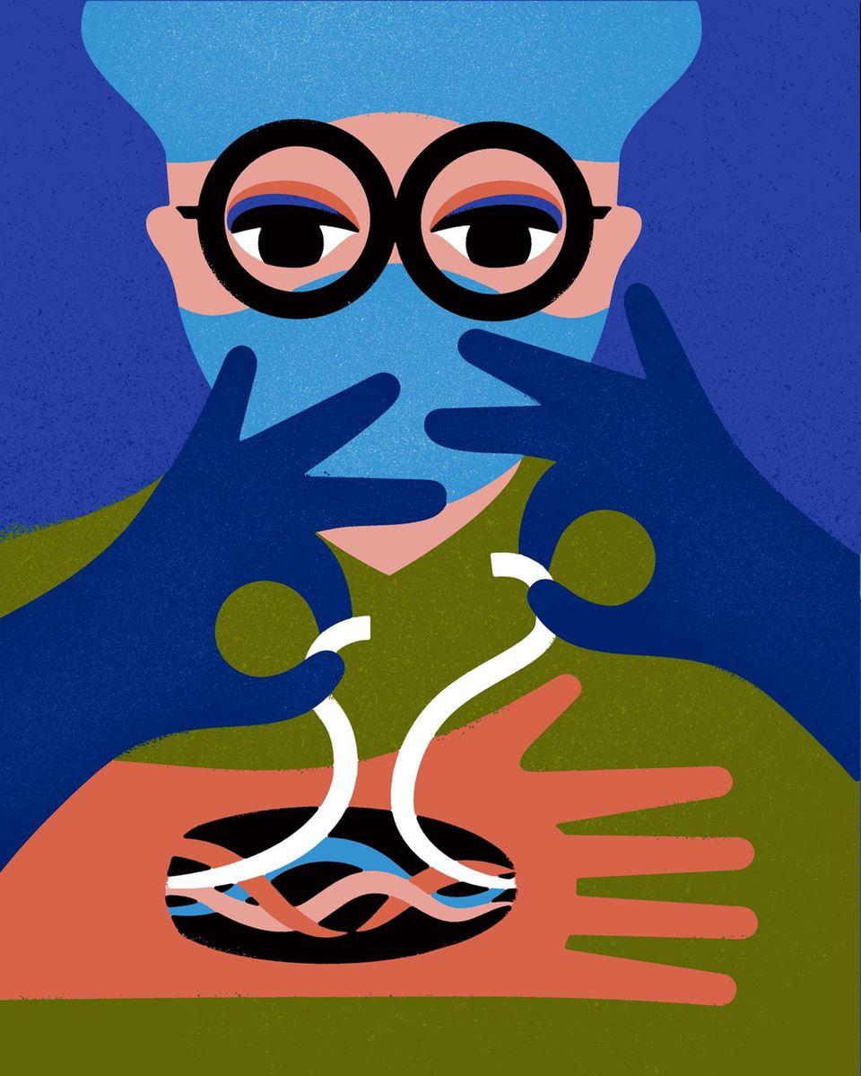 Illustration einer Chirurgin, die an einer Hand operiert Illustration einer Chirurgin, die an einer Hand operiert