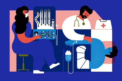 Illustration von einem Patienten mit Gips am Arm, der von zwei Ärzt:innen betreut wird