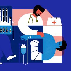 Illustration von einem Patienten mit Gips am Arm, der von zwei Ärzt:innen betreut wird