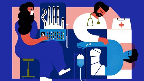Illustration von einem Patienten mit Gips am Arm, der von zwei Ärzt:innen betreut wird