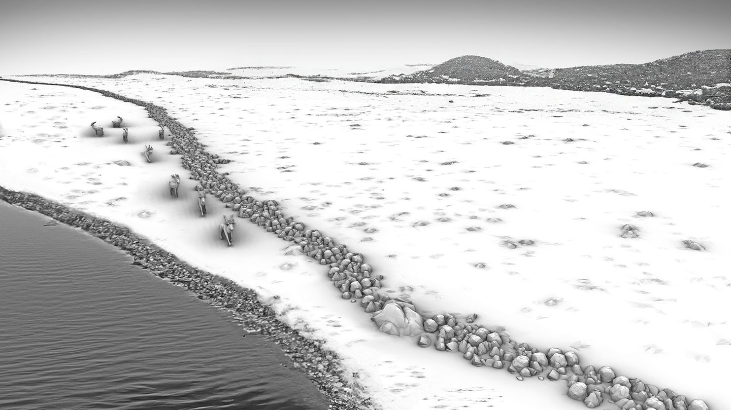Grafische Rekonstruktion des Steinwalls als Treibjagdstruktur in einer spätglazialen/frühholozänen Landschaft